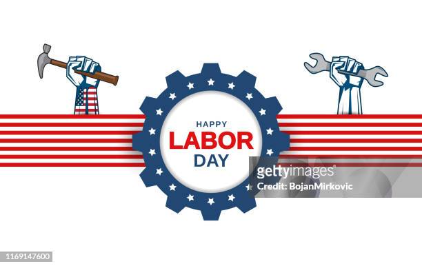labor day grußkarte mit hand halten schraubenschlüssel und hammer. vektor - labour day stock-grafiken, -clipart, -cartoons und -symbole