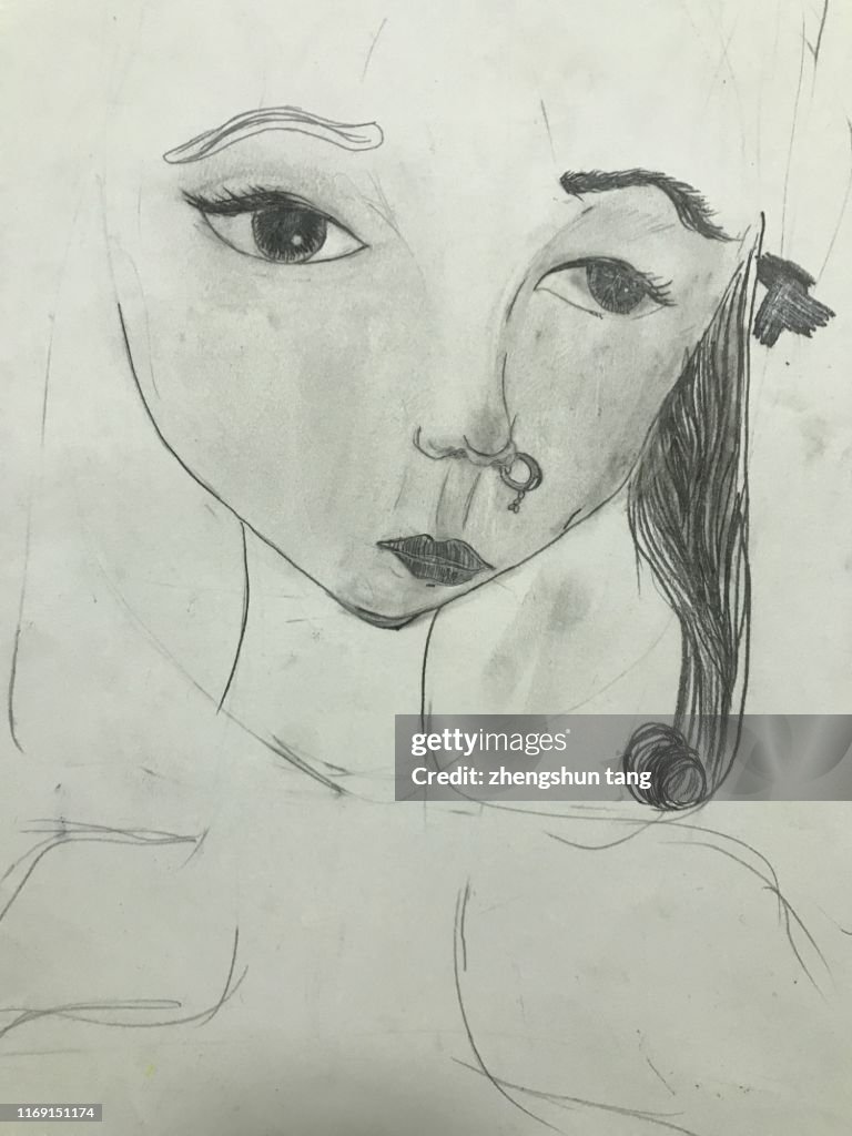Art sketch view of young girl.