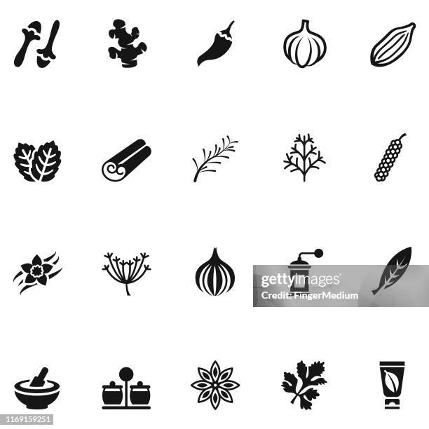 kräuter und gewürze icon set - gewürz stock-grafiken, -clipart, -cartoons und -symbole