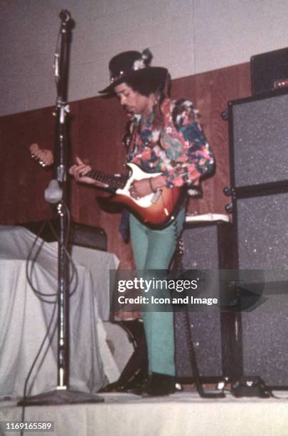 American rock guitarist, singer and songwriter Jimi Hendrix performs at SUNY Stony Brook, on March 8 in Stony Brook, New York.