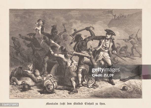 montcalm stop the native americans at the fort william henry - ethnic conflict stock illustrations