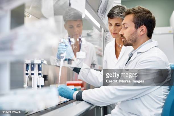 scientists doing cancer research in laboratory - medisch specimen stockfoto's en -beelden