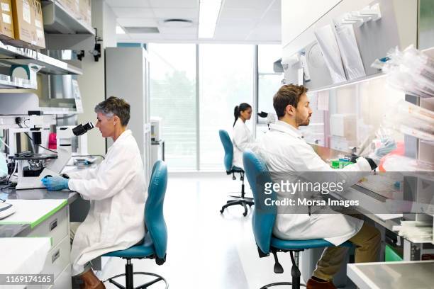 male and female scientists working in laboratory - onderzoeksfaciliteit stockfoto's en -beelden