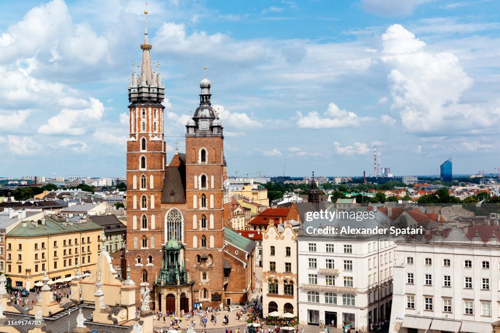 Krakow skyline with St Mary's Church on a sunny day, high angle view, Poland