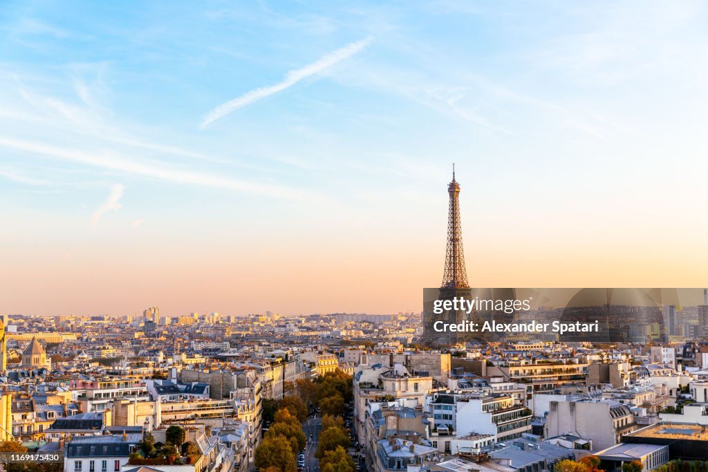 Paris cityscape with Eiffel Tower at sunset, Ile-de-France, France