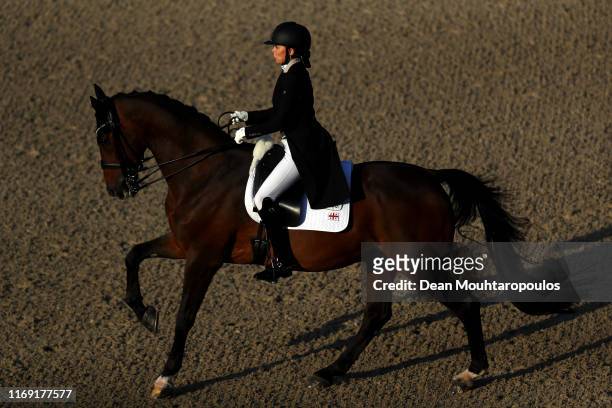 Joanne Vaughan of Georgia riding Elmegardens Marquis competes during Day 2 of the Dressage Grand Prix Team Competition at the Longines FEI European...