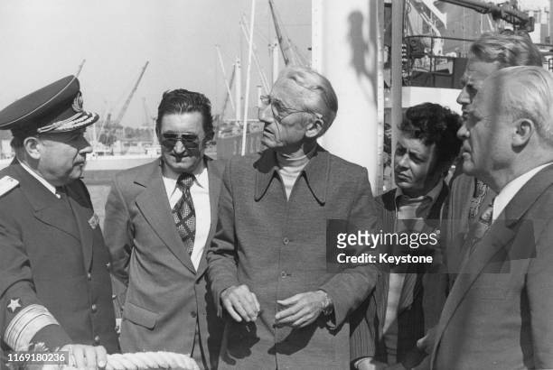 French naval officer, explorer, conservationist, filmmaker, scientist and researcher Jacques Cousteau on research ship 'Calypso' at the Port of...