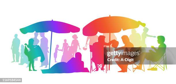 beach crowd rainbow - weekend activities stock illustrations