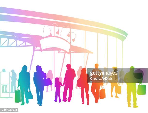 downtown market place rainbow - crowded store stock illustrations