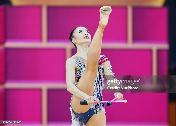 Kaho Minagawa of Japan during the 37th Rhythmic Gymnastics World Championships at the National Gymnastics Arena in Baku, Azerbaijan on September 18,...