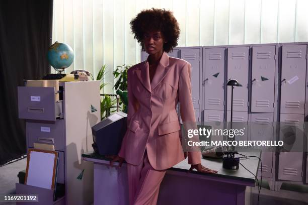 Model presents a backstage "First Look" creation of Annakiki's Women's Spring Summer 2020 collection in Milan on September 18, 2019.