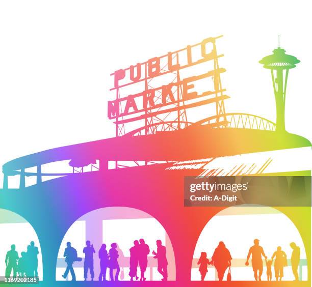 publicmarketrainbow - seattle market stock illustrations