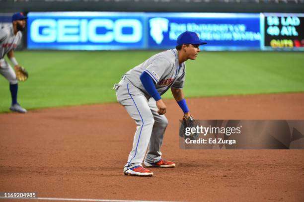 Third baseman Ruben Tejada of the New York Mets in action against the Kansas City Royals at Kauffman Stadium on August 16, 2019 in Kansas City,...