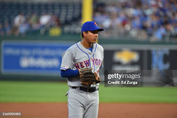 Ruben Tejada of the New York Mets in action against the Kansas City Royals at Kauffman Stadium on August 16, 2019 in Kansas City, Missouri.