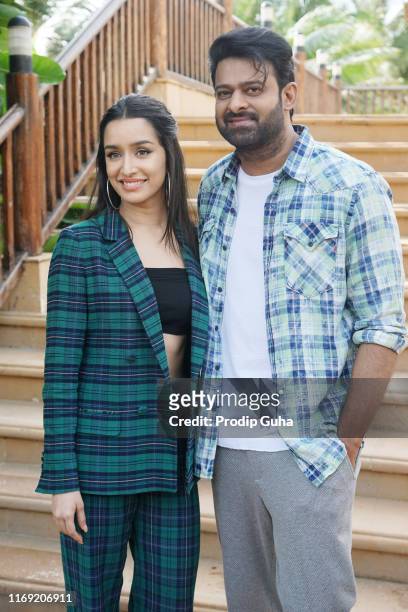 Indian actor Shraddha Kapoor and Prabash attend the media interview for film Promotion "Saaho" on August 20, 2019 in Mumbai, India.