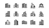 Buildings icons. Bank, hotel, courthouse. City architecture, skyscraper building. Vector
