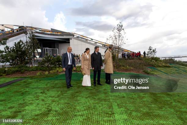 Crown Princess Victoria of Sweden and Crown Prince Frederik of Denmark visit the top of the power plant Amager Bakke on September 18, 2019 in...