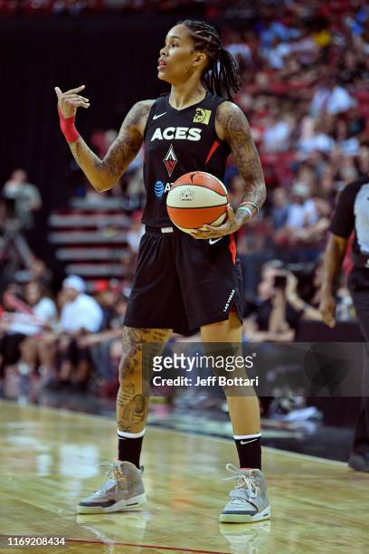 Tamera Young of the Las Vegas Aces handles the ball against the Chicago Sky on September 15, 2019 at the Mandalay Bay Events Center in Las Vegas,...