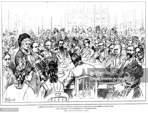 Illustration, entitled 'The Woman Suffragists in Washington,' depicts Elizabeth Cady Stanton as she addresses the US Senate Committee on Privileges...