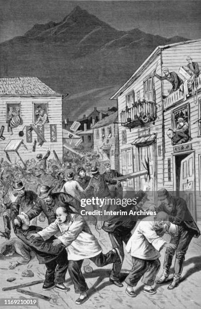 Illustration depicts a mob as it attacks people and property during an anti-Chinese riot, Denver, Colorado, 1880.