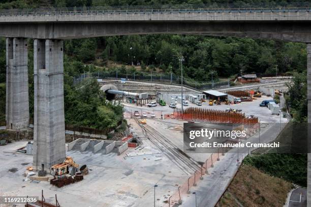 Landscape view of the Susa Valley and of the construction site for the boring of the Maddalena survey gallery of the Turin-Lyon high-speed railway on...