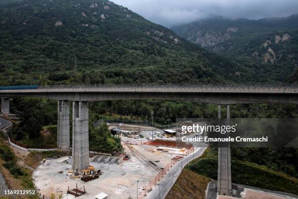 Landscape view of the Susa Valley and of the construction site for the boring of the Maddalena survey gallery of the Turin-Lyon high-speed railway on...