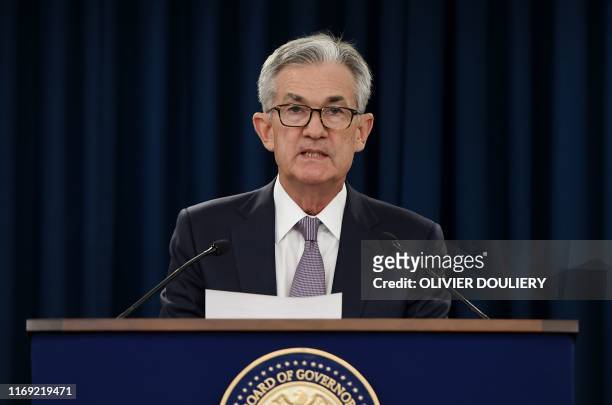 Federal Reserve Board Chairman Jerome Powell speaks at a news conference after a Federal Open Market Committee meeting on September 18, 2019 in...