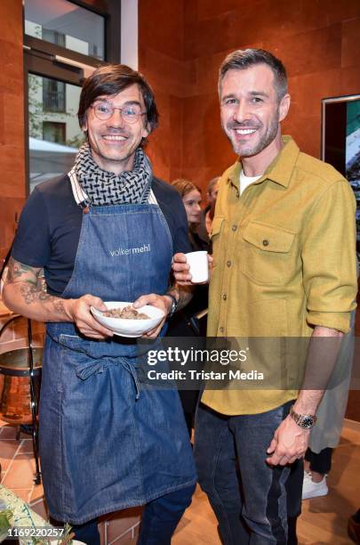 Volker Mehl and Jochen Schropp attend the Khadi Naturkosmetik store event on September 18, 2019 in Berlin, Germany.