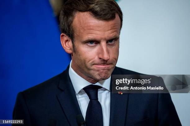 French President Emmanuel Macron holds a joint press conference with Italian Prime Minister Giuseppe Conte at the Palazzo Chigi on September 18, 2019...