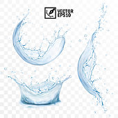 Realistic transparent isolated vector set splash of water with drops, a splash of falling water, a splash in the form of a crown, a splash in the form of a circle