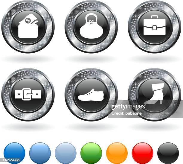 ilustraciones, imágenes clip art, dibujos animados e iconos de stock de productos sin royalties de cuero vector icono de conjunto de botones metálicos - cartera vacía