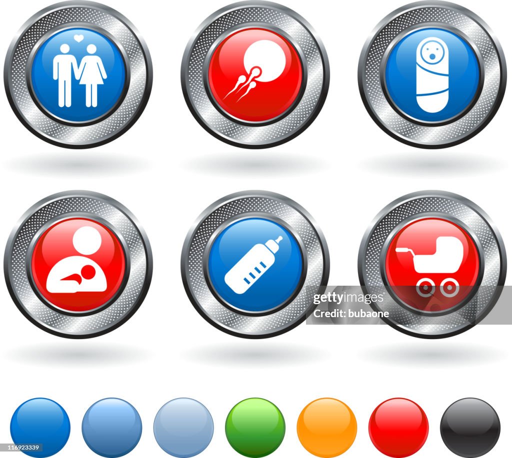 Human reproduction and parenting vector icon set on metallic button