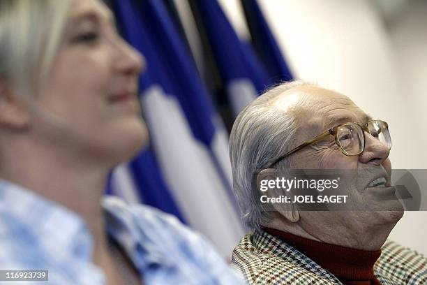 French far-right party Front National president and vice-president, Jean-Marie Le Pen and his daughter Marine give a press conference on March 23,...