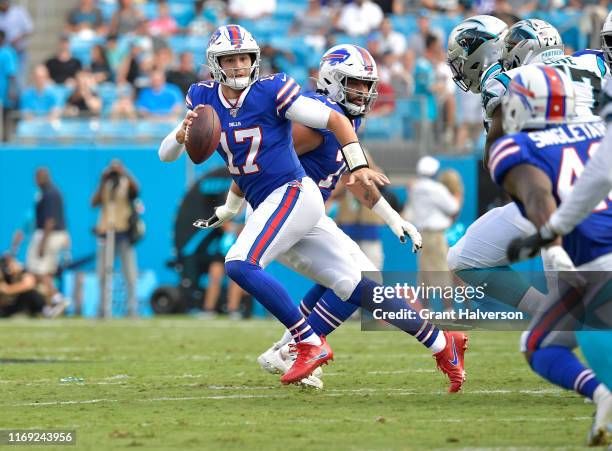 Josh Allen of the Buffalo Bills against the Carolina Panthers during the third quarter of their preseason game at Bank of America Stadium on August...