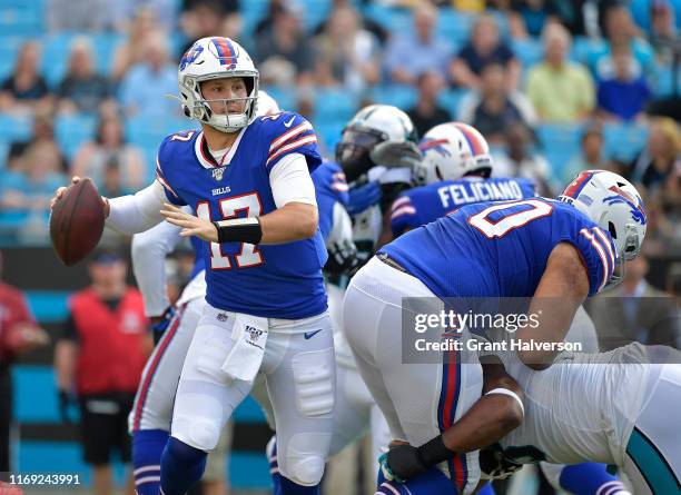 Josh Allen of the Buffalo Bills against the Carolina Panthers during the third quarter of their preseason game at Bank of America Stadium on August...