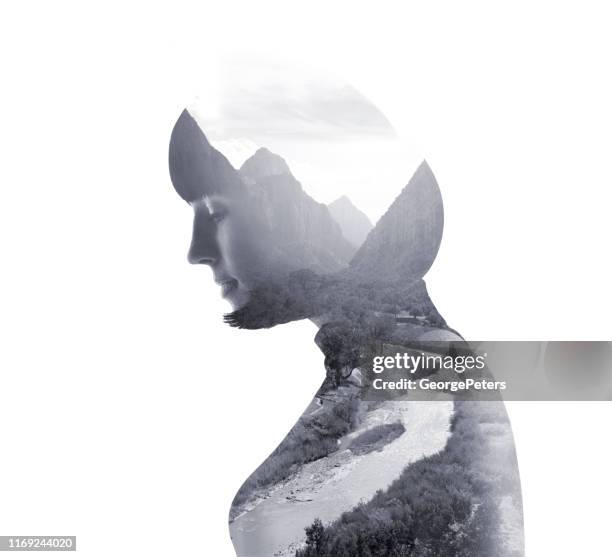 multiple exposure of a young woman enjoying the view from the west rim trail. zion national park. - multiple exposure stock pictures, royalty-free photos & images