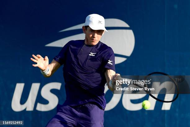 John-Patrick Smith of Australia returns a shot during his men's singles first round match against Viktor Galovic of Croatia on Day Two of the 2019 US...