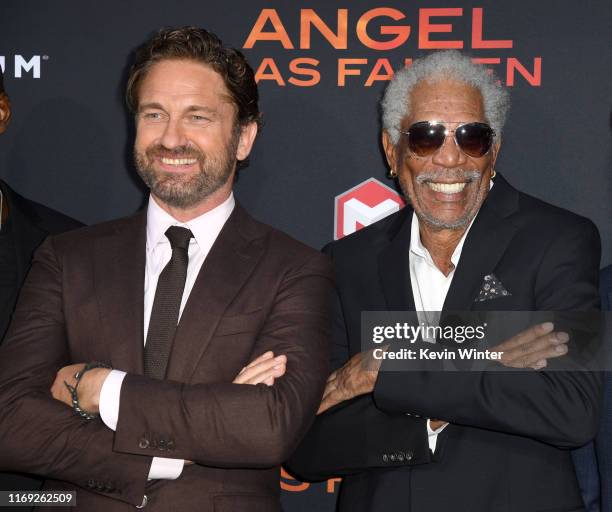 Gerard Butler and Morgan Freeman attend the LA Premiere of Lionsgate's "Angel Has Fallen" at Regency Village Theatre on August 20, 2019 in Westwood,...