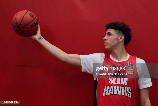 American teenage star, LaMelo Ball poses for a photograph during an Illawarra Hawks NBL media opportunity at The Snakepit on August 21, 2019 in...