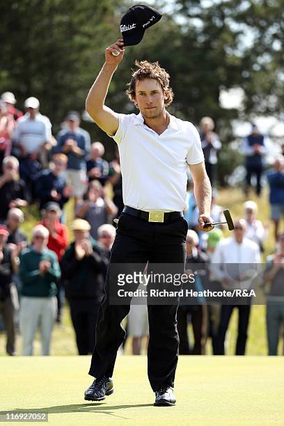 Bryden Macpherson of Australia celebrates victory on the 16th green after defeating Michael Stewart of Scotland 3&2 during the Final of The Amateur...
