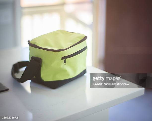 cooler bag on kitchen counter - kühlbehälter stock-fotos und bilder