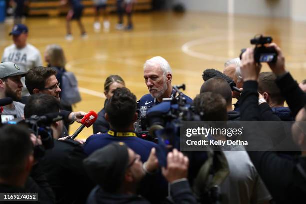 Gregg Popovich the Head Coach of the USA National Team speaks to media during a Team USA United States of America National Basketball team training...