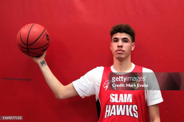 American teenage star, LaMelo Ball, poses for a photograph during an Illawarra Hawks NBL media opportunity at The Snakepit on August 21, 2019 in...