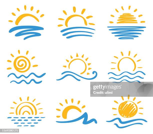 stockillustraties, clipart, cartoons en iconen met zon en zee, icon set - water line