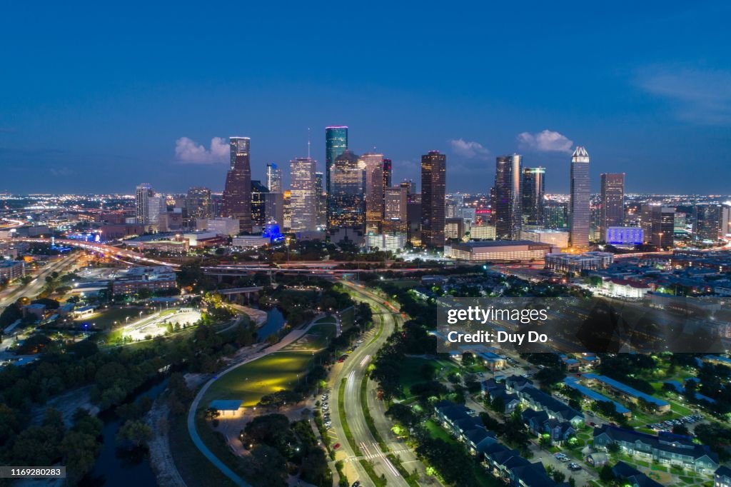 Night aerial view taking by drone of skyline downtown Houston , Texas in the evening