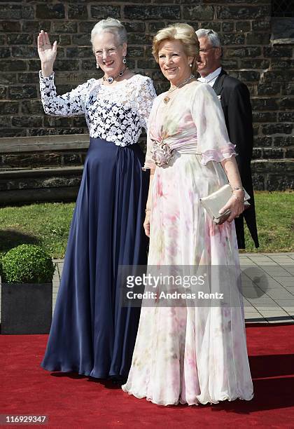 Queen Margrethe of Denmark and Queen Anne-Marie of Greece arrive for the wedding of Princess Nathalie zu Sayn-Wittgenstein-Berleburg and Alexander...