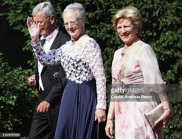 Queen Margrethe of Denmark and Queen Anne-Marie of Greece arrive for the wedding of Princess Nathalie zu Sayn-Wittgenstein-Berleburg and Alexander...