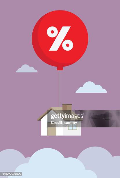 house float in the sky by red percentage symbol balloon - credit_rating stock illustrations