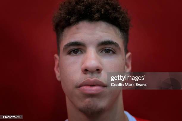 American teenage star, LaMelo Ball, poses for a photograph during an Illawarra Hawks NBL media opportunity at The Snakepit on August 21, 2019 in...