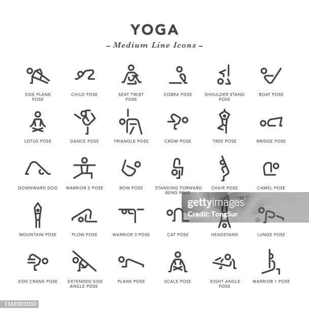 stockillustraties, clipart, cartoons en iconen met yoga-middellange lijn iconen - oefeningen met lichaamsgewicht